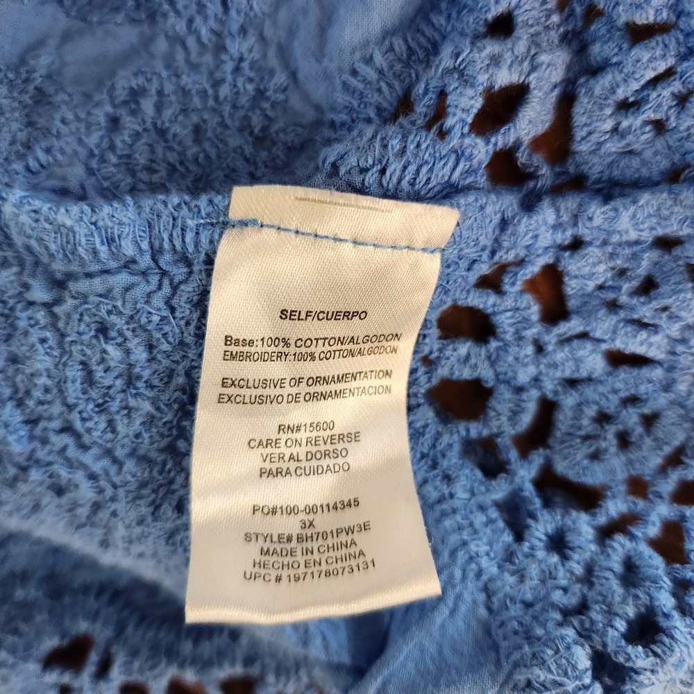 Democracy Women's 100% Cotton Plus Size 3X Crochet V-Neck Short Sleeve Top Blue - Picture 10 of 12